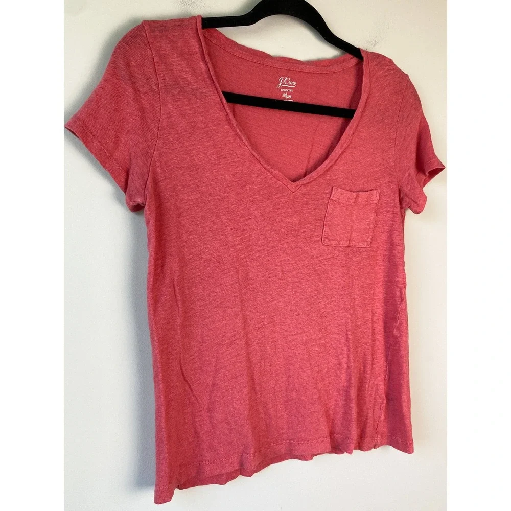 J Crew Womens 100% Linen V Neck Pocket Tee S Coral Short Sleeve L7820 Coastal